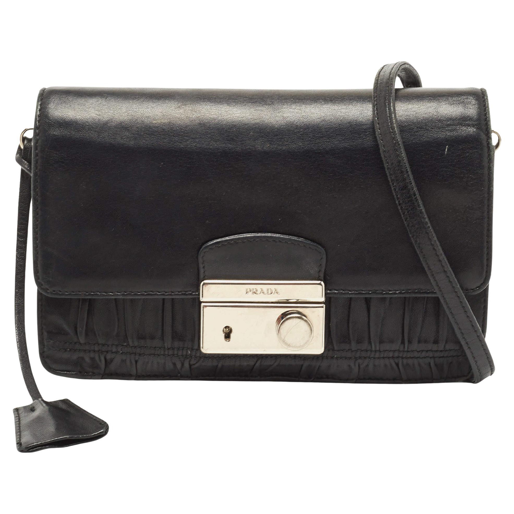 Prada Black Gaufre Leather Lock Crossbody Bag For Sale at 1stDibs