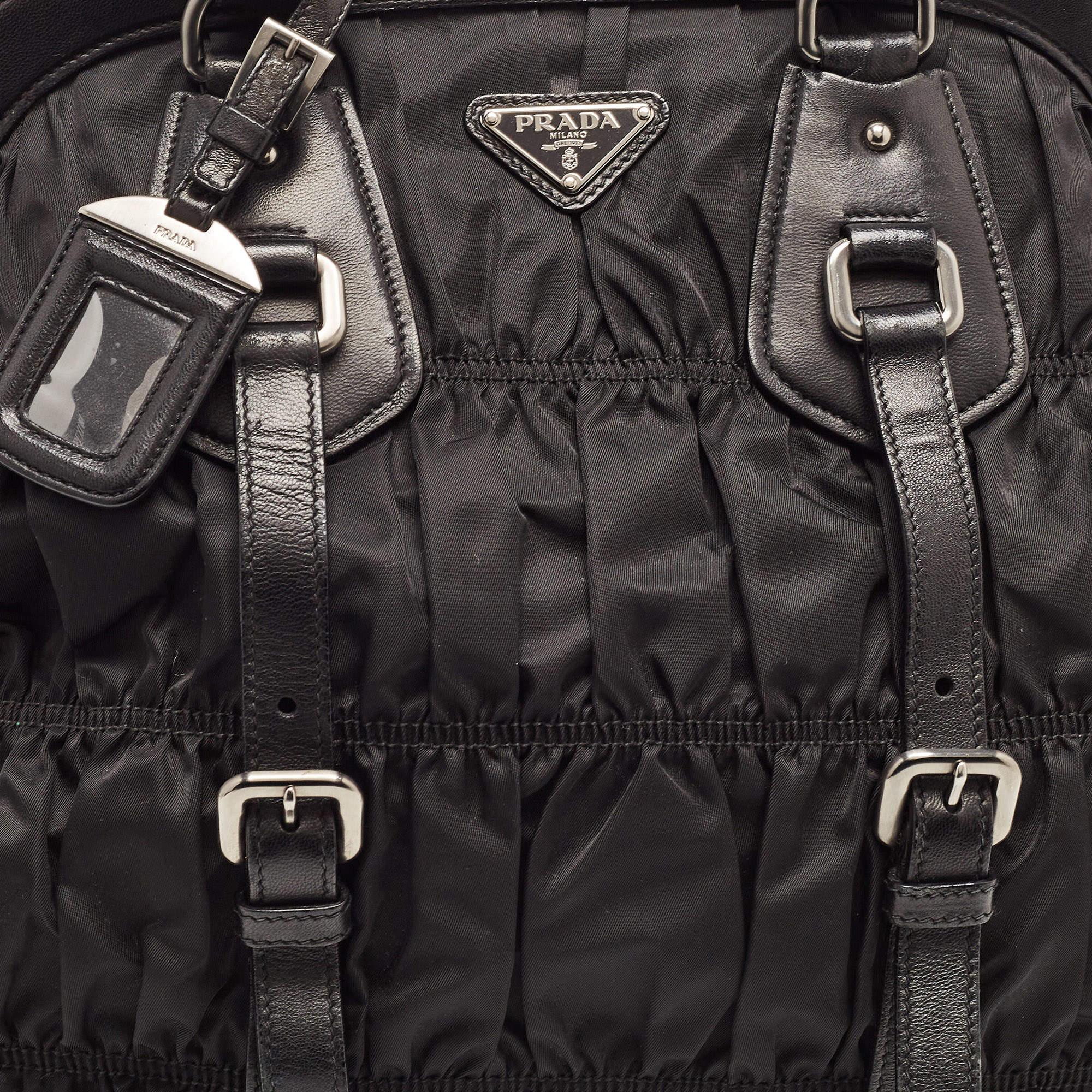 Prada Black Gaufre Nylon and Leather Braided Handle Hobo For Sale 12