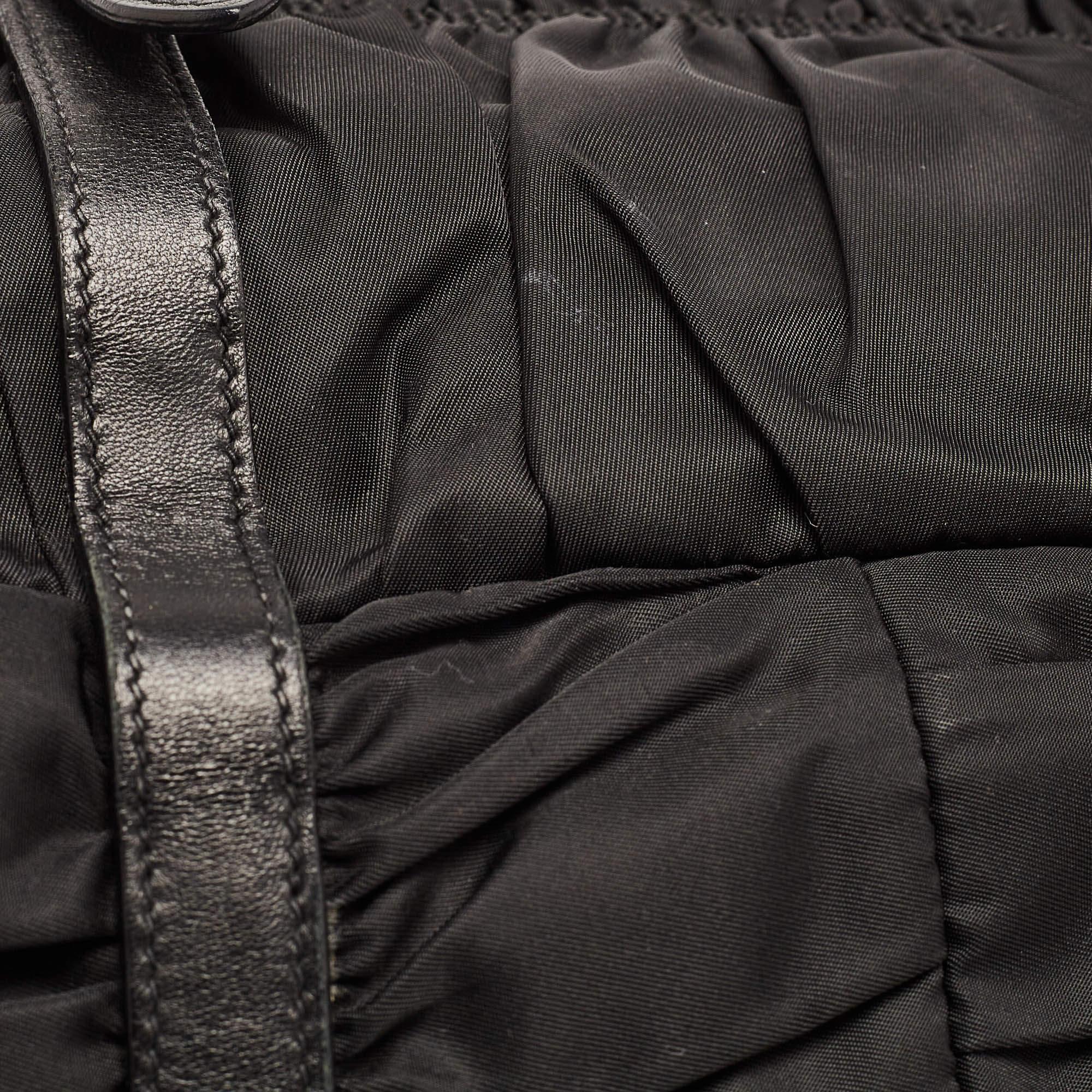 Prada Black Gaufre Nylon and Leather Braided Handle Hobo For Sale 15