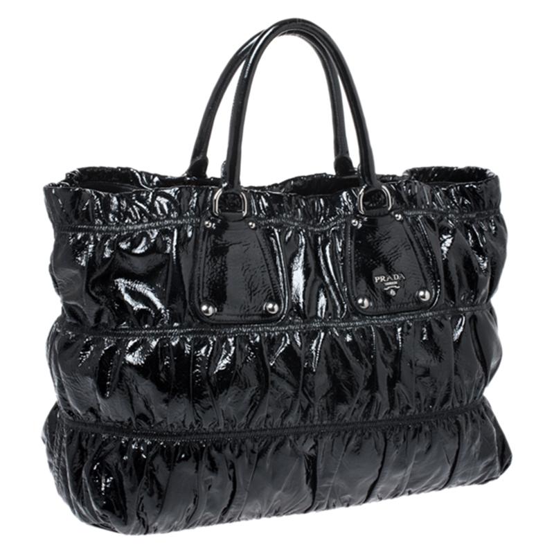 Women's Prada Black Gaufre Patent Leather Large Tote