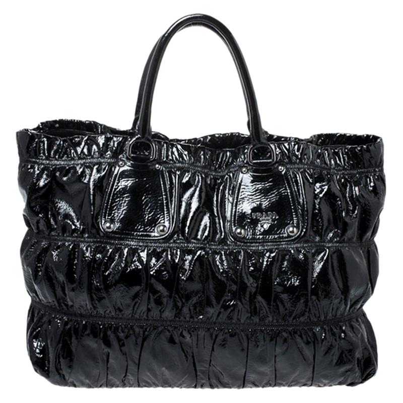 Prada Black Gaufre Patent Leather Large Tote