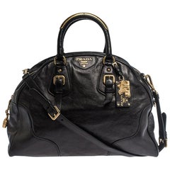 Prada Black Glace Calf Leather Dome Satchel