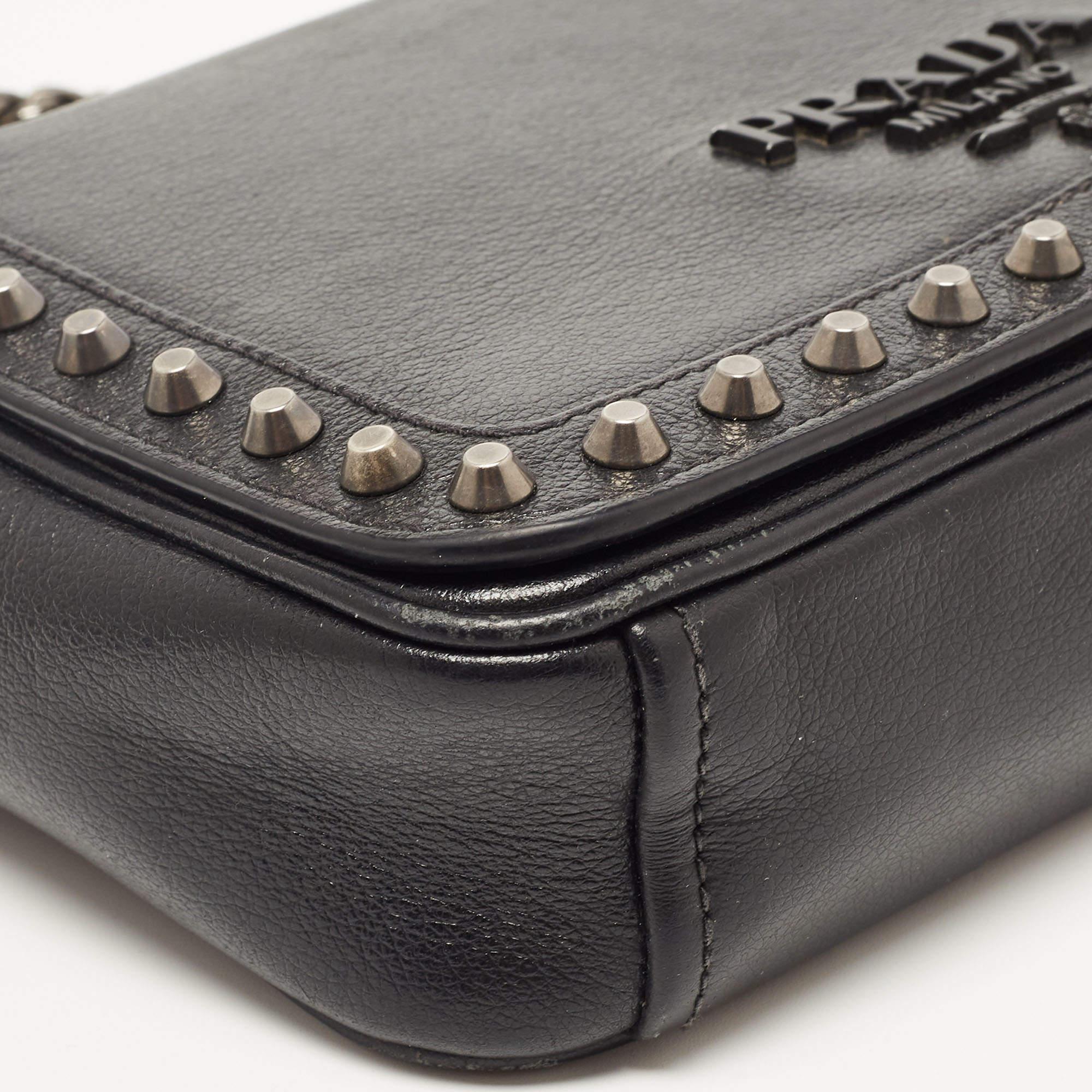 Prada Black Glace Leather Studded Flap Shoulder Bag 6