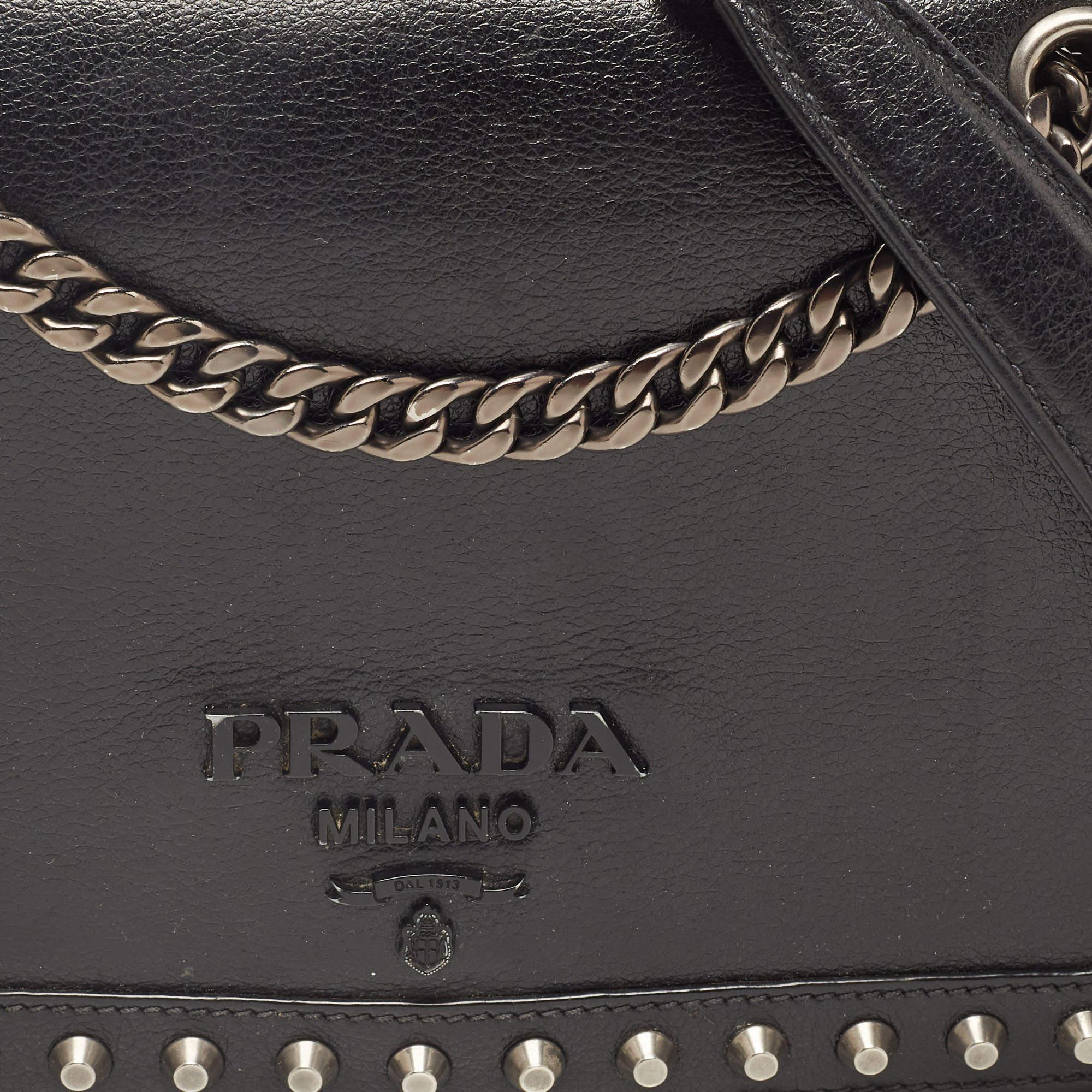 Prada Black Glace Leather Studded Flap Shoulder Bag 7