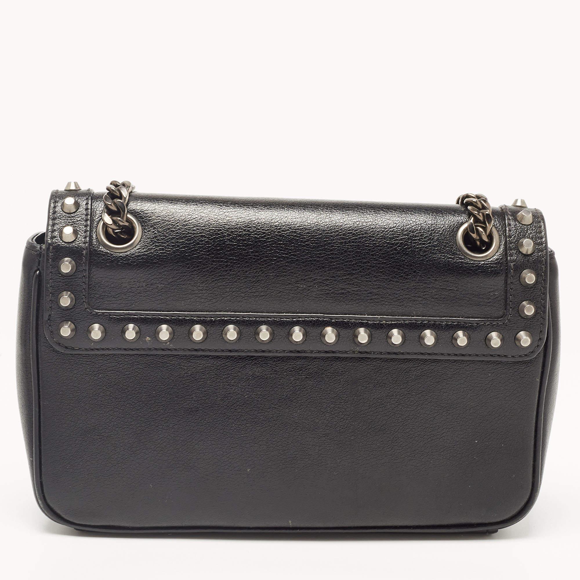Prada Black Glace Leather Studded Flap Shoulder Bag 4