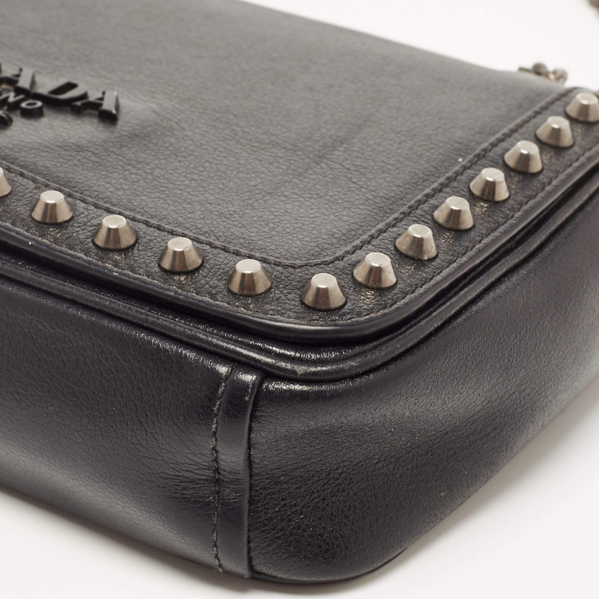 Prada Black Glace Leather Studded Flap Shoulder Bag 5