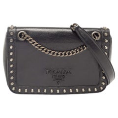 Prada Black Glace Leather Studded Flap Shoulder Bag