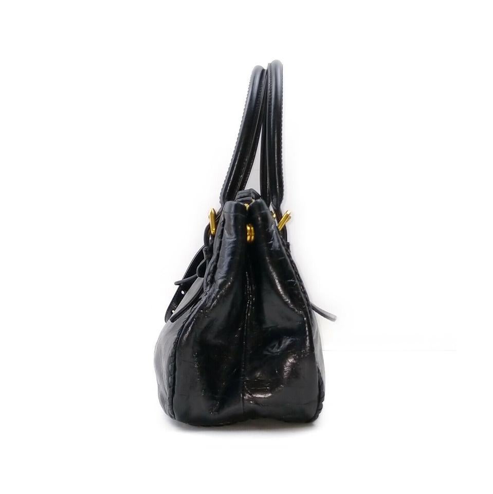 Prada Black Glazed Leather 2way Tote Bag with Strap 863451 For 