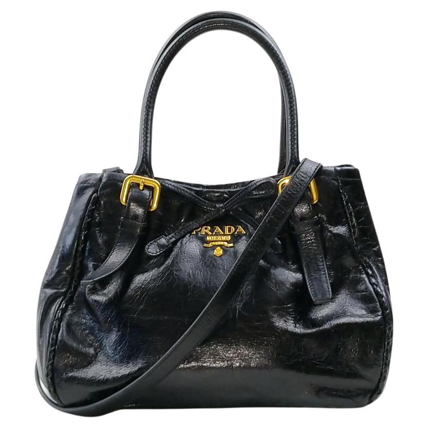 Prada Black Glazed Leather 2way Tote Bag with Strap 863451