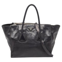 Prada Black Glazed Leather Twin Pocket Double Handle Tote