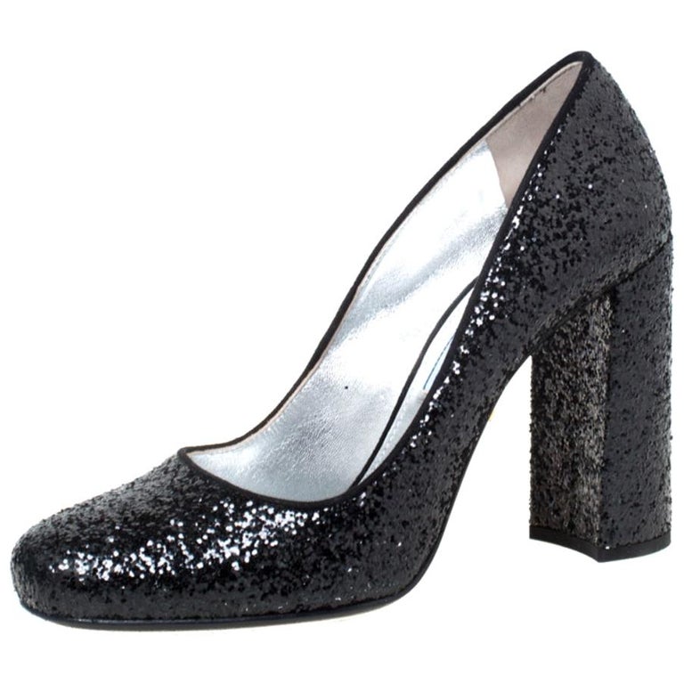Prada Black Glitter Block Heel Pumps Size 36 at 1stDibs black glitter