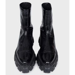Prada Black Glossy Leather Ankle Boots EU 39 Almond Toe Block Heel