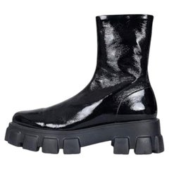 Prada Black Glossy Leather Ankle Boots EU 39 Almond Toe Block Heel