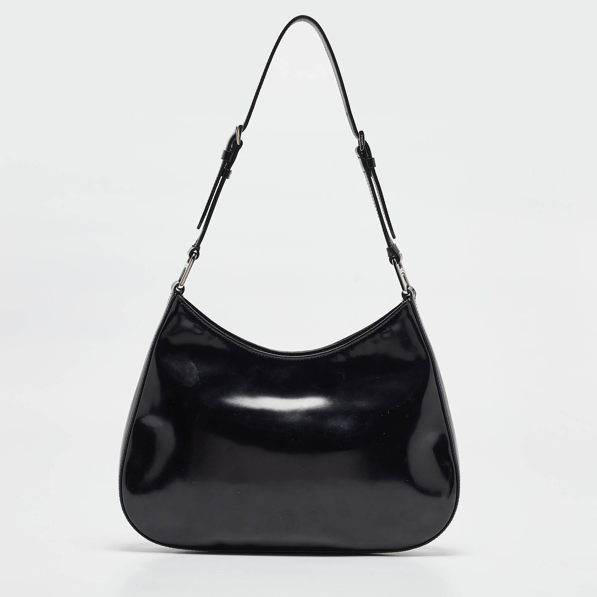 Women's Prada Black Glossy Leather Cleo Shoulder Bag