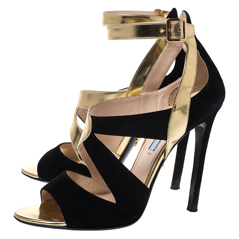 Prada Black/Gold Cut Out Patent Leather and Suede Ankle Strap Sandals Size 38.5 1
