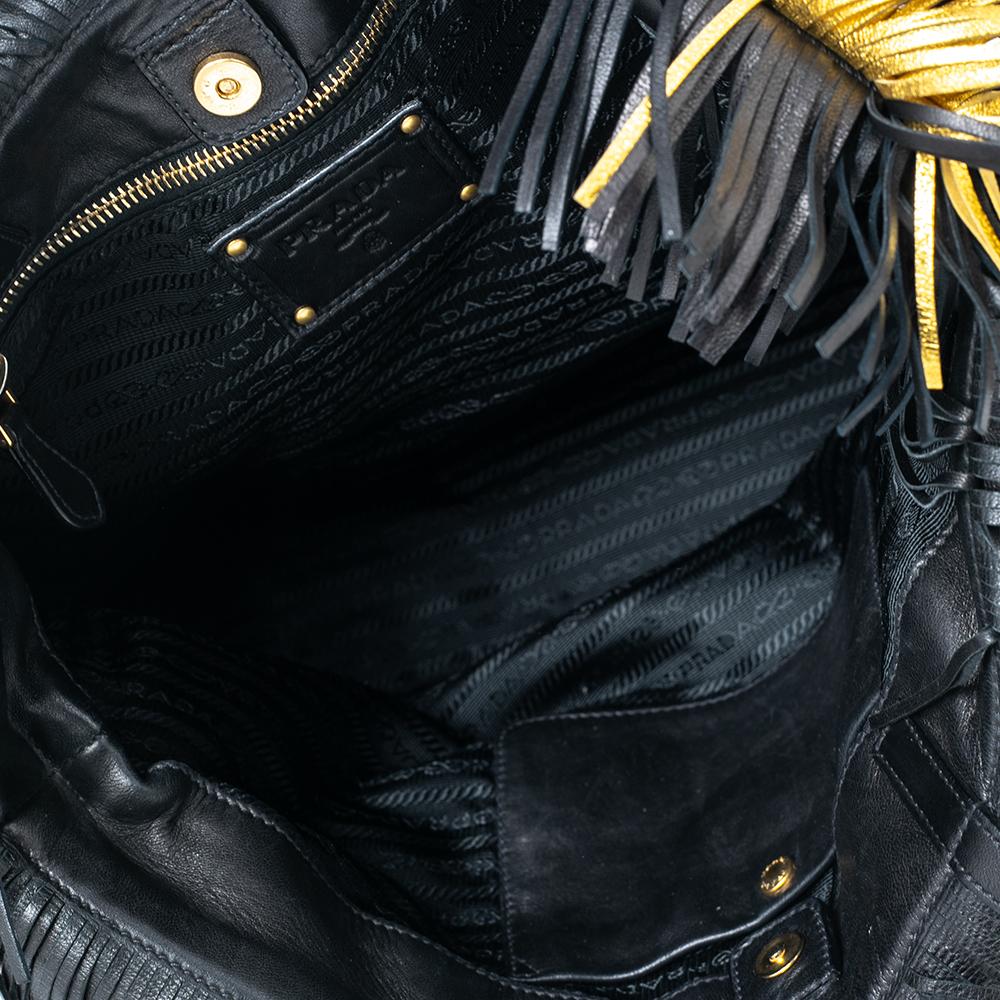 Prada Black/Gold Leather Fringed Tote 7