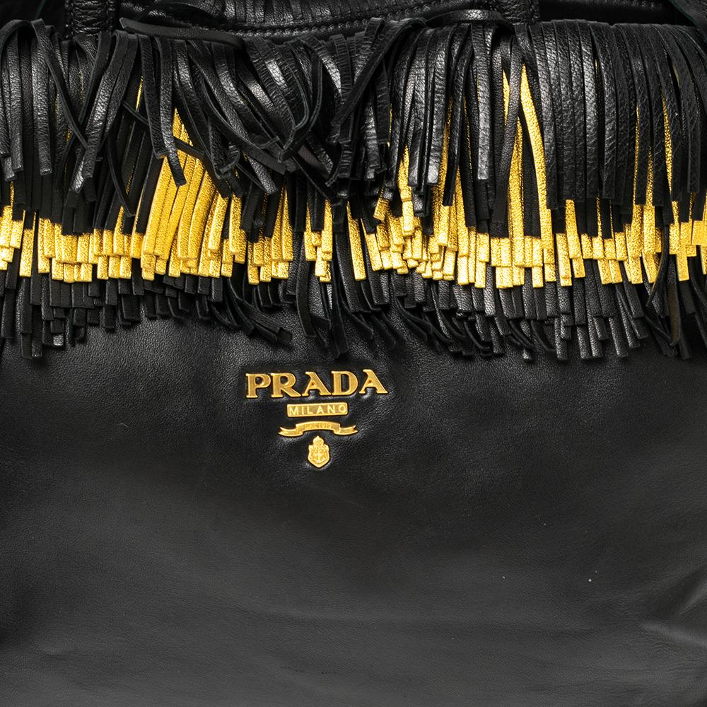 Prada Black/Gold Leather Fringed Tote 5