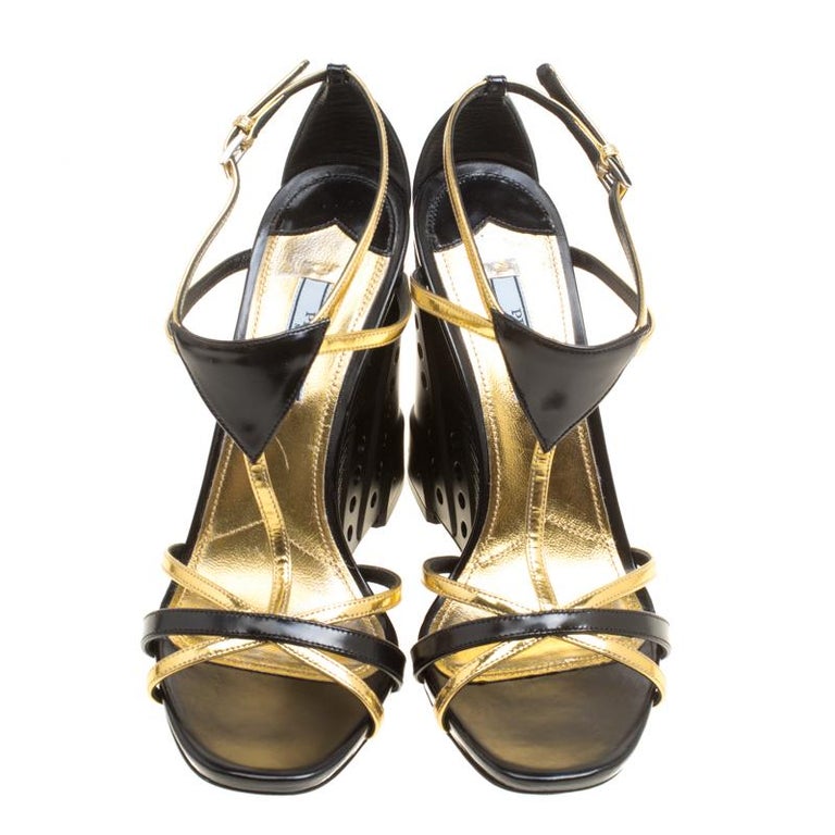 Prada Black/Gold Leather Retro Futuristic Ankle Strap Geometric Wedge ...