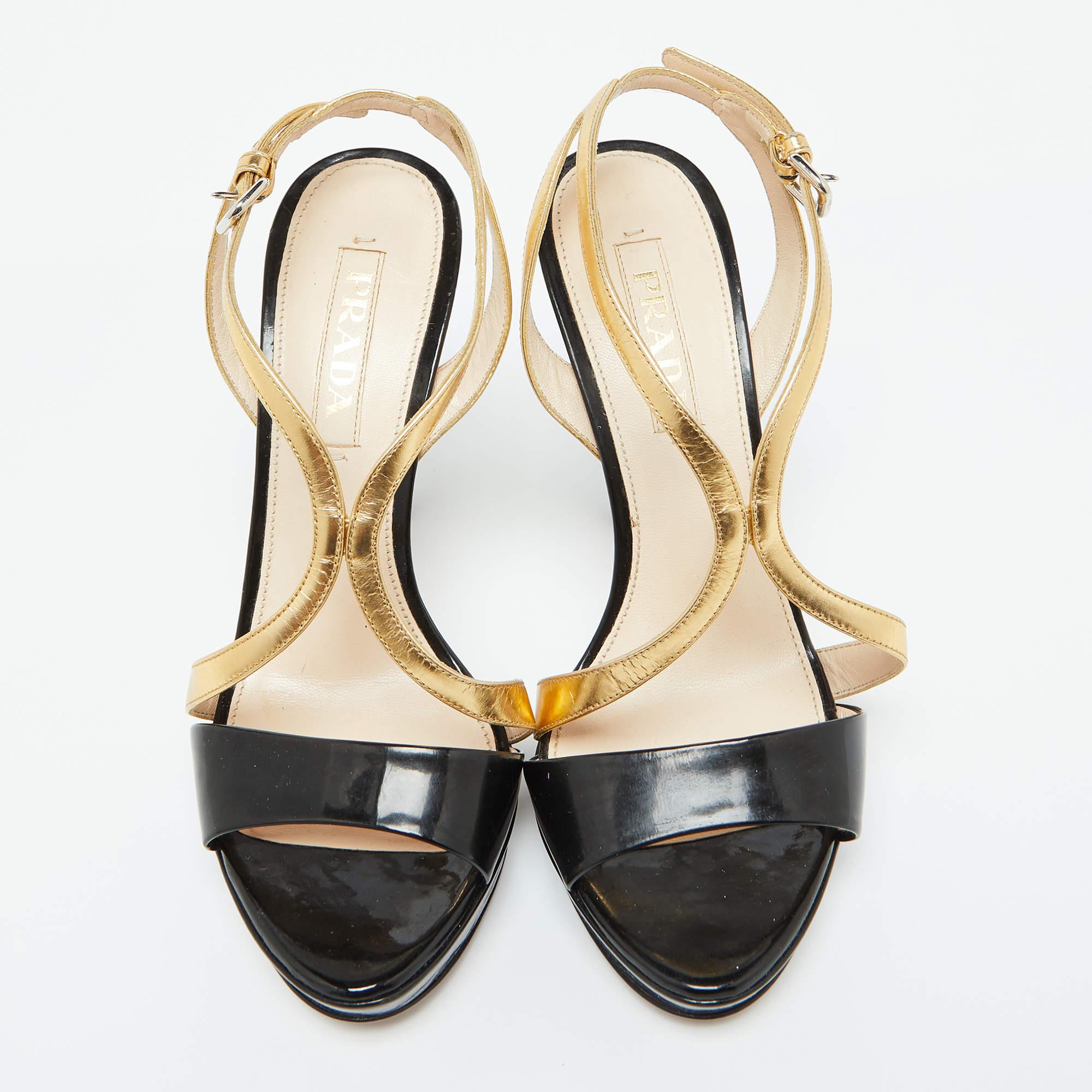 Beige Prada Black/Gold Leather Strappy Platform Sandals Size 37 For Sale