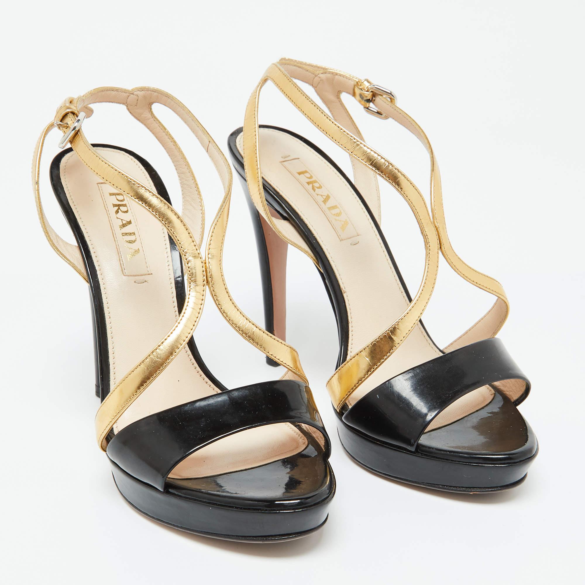 Prada Black/Gold Leather Strappy Platform Sandals Size 37 In Good Condition For Sale In Dubai, Al Qouz 2