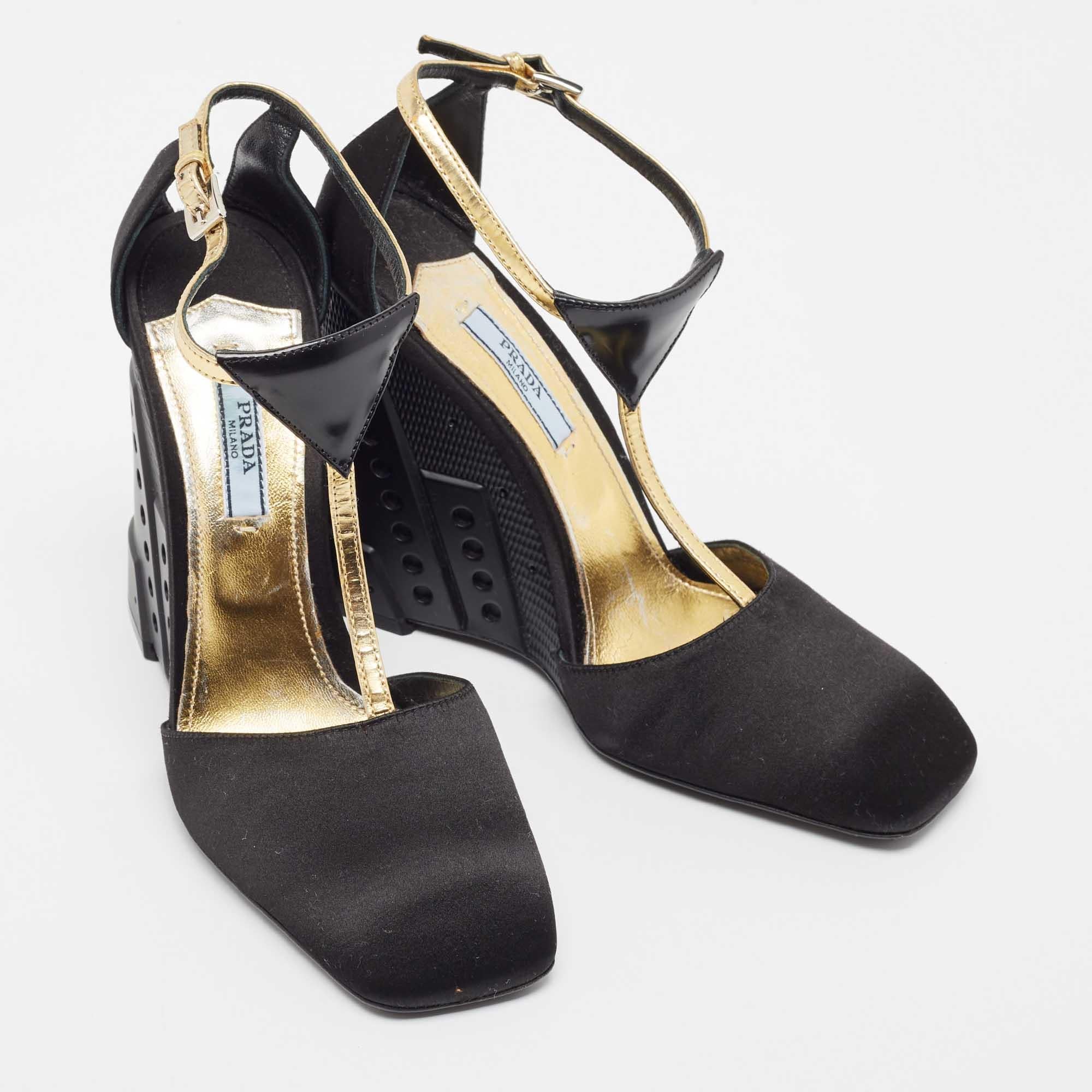 Prada Black/Gold Suede and Leather T Strap Metal Embossed Wedge Sandals Size 37. In Good Condition In Dubai, Al Qouz 2