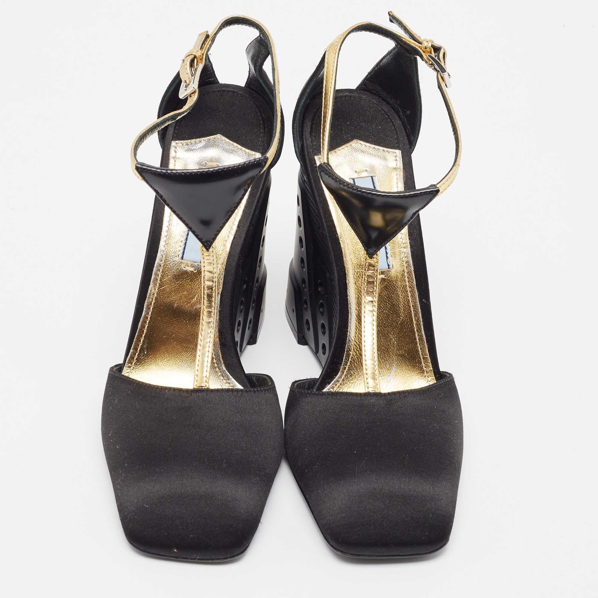 Women's Prada Black/Gold Suede and Leather T Strap Metal Embossed Wedge Sandals Size 37.