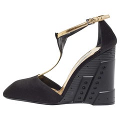 Prada Black/Gold Suede and Leather T Strap Metal Embossed Wedge Sandals Size 37.