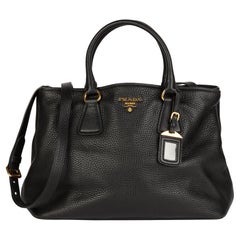 PRADA Black Grained Calfskin Leather Vitello Daino Tote 