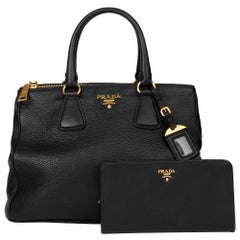 Prada Black Grained Calfskin Leather Vitello Phenix Tote and Wallet