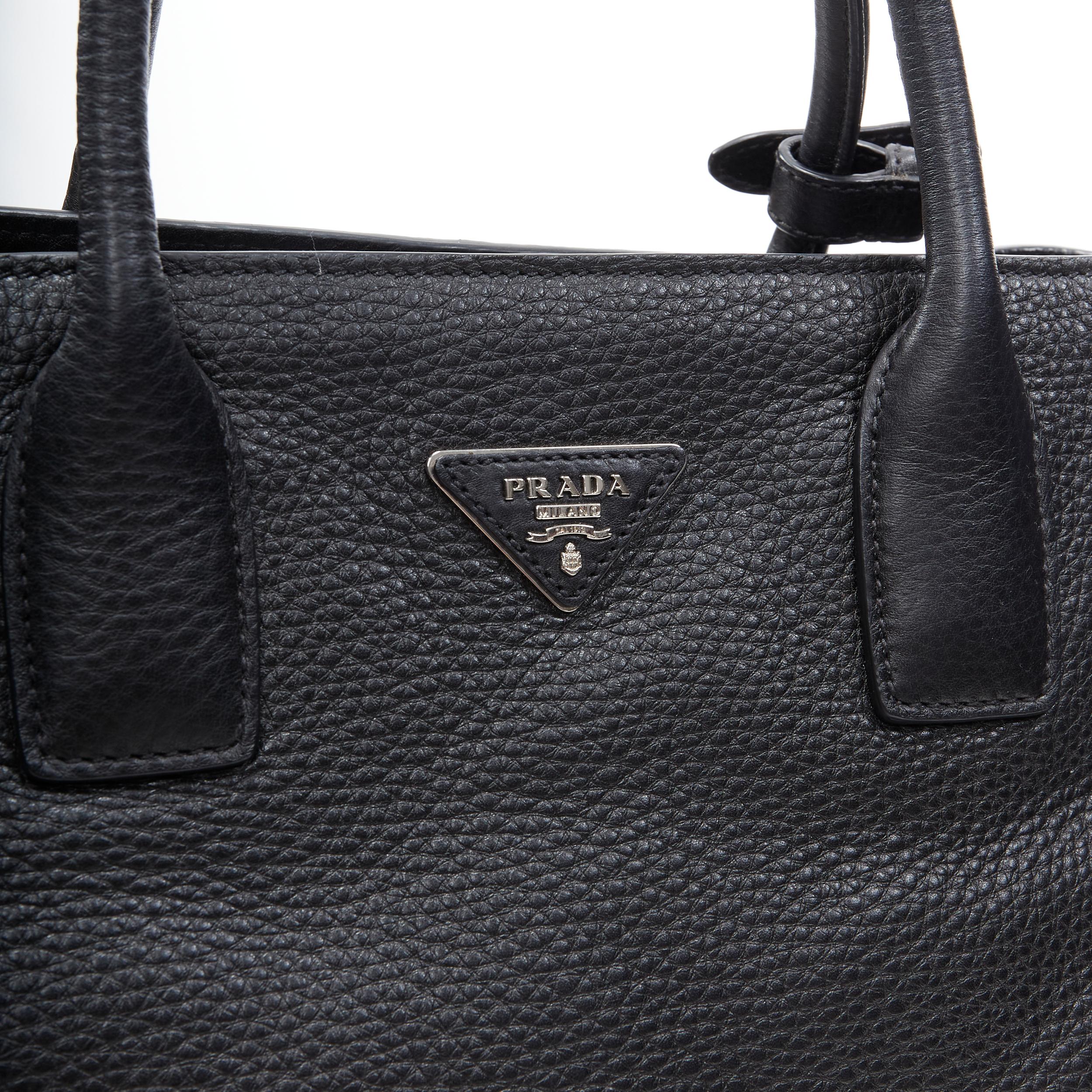 PRADA black grainy leather triangle logo small tote bag In Excellent Condition In Hong Kong, NT