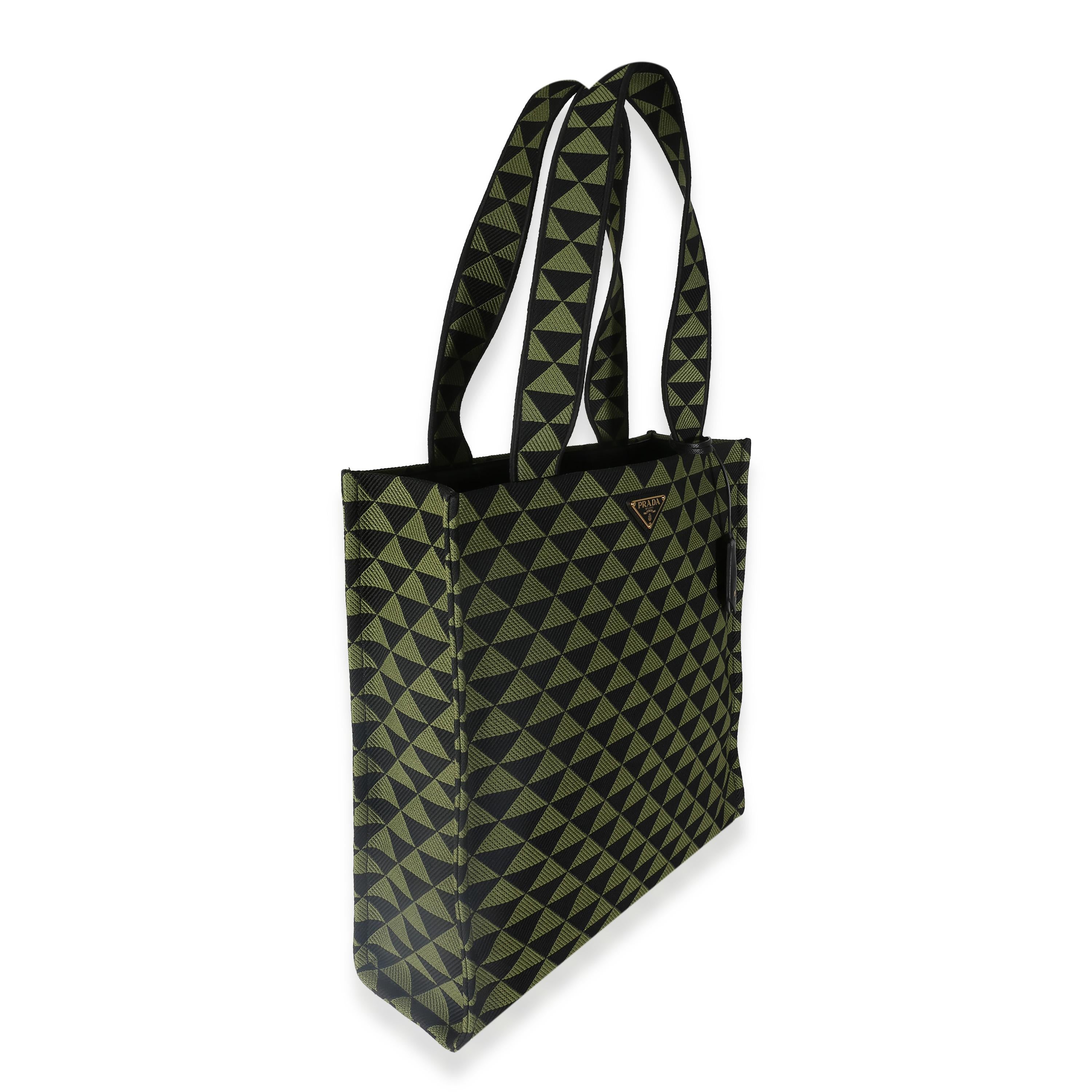 Prada Black Green Jacquard Triangolo Symbole Shopping Tote In Excellent Condition For Sale In New York, NY