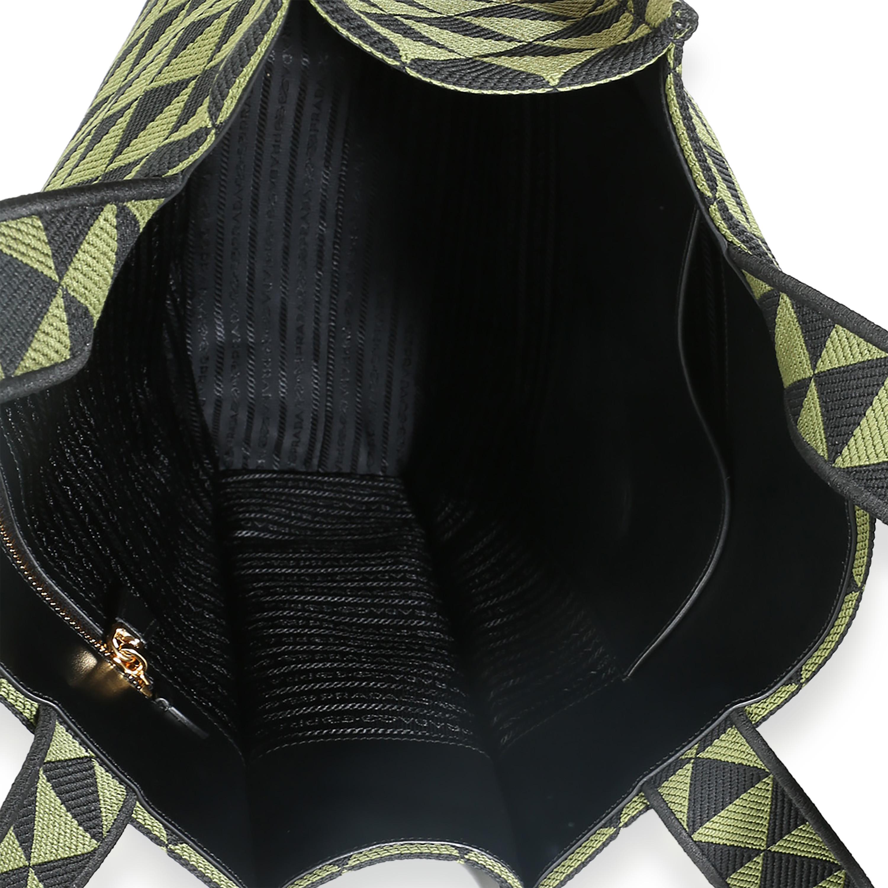 Prada Black Green Jacquard Triangolo Symbole Shopping Tote For Sale 2