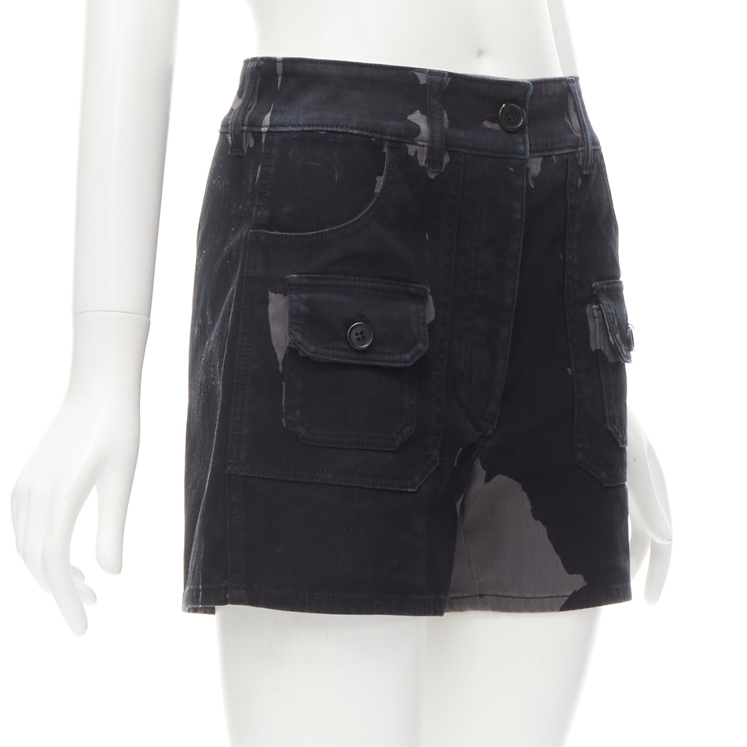 Black PRADA black grey camo denim triangle logo cargo pocket shorts IT36 XS For Sale