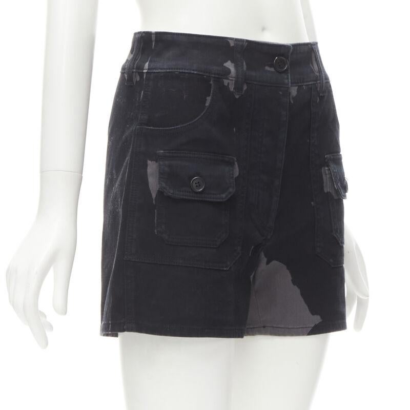 Black PRADA black grey camo denim triangle logo cargo pocket shorts IT36 XS For Sale