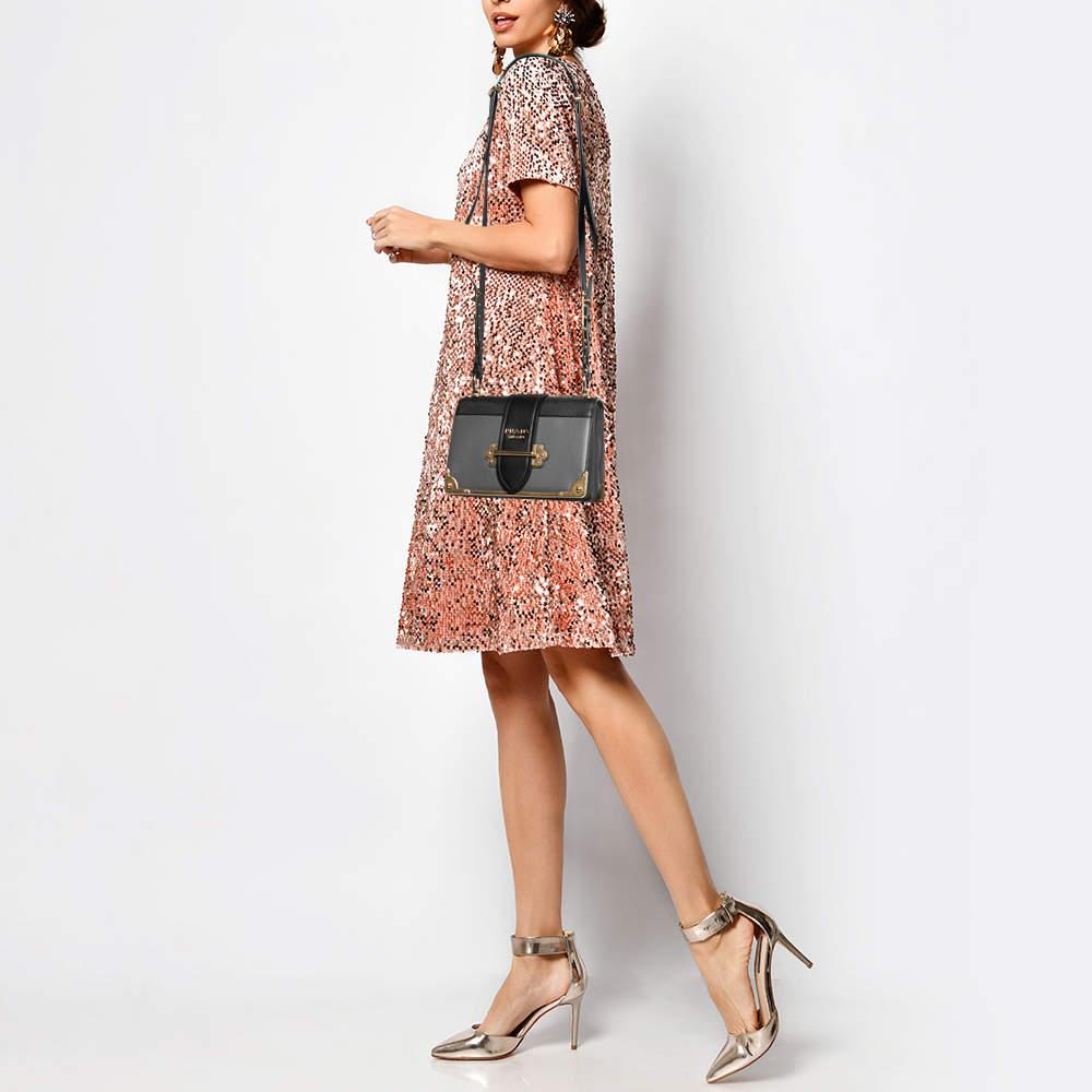 Prada Black/Grey Saffiano Leather Cahier Flap Shoulder Bag In Good Condition In Dubai, Al Qouz 2