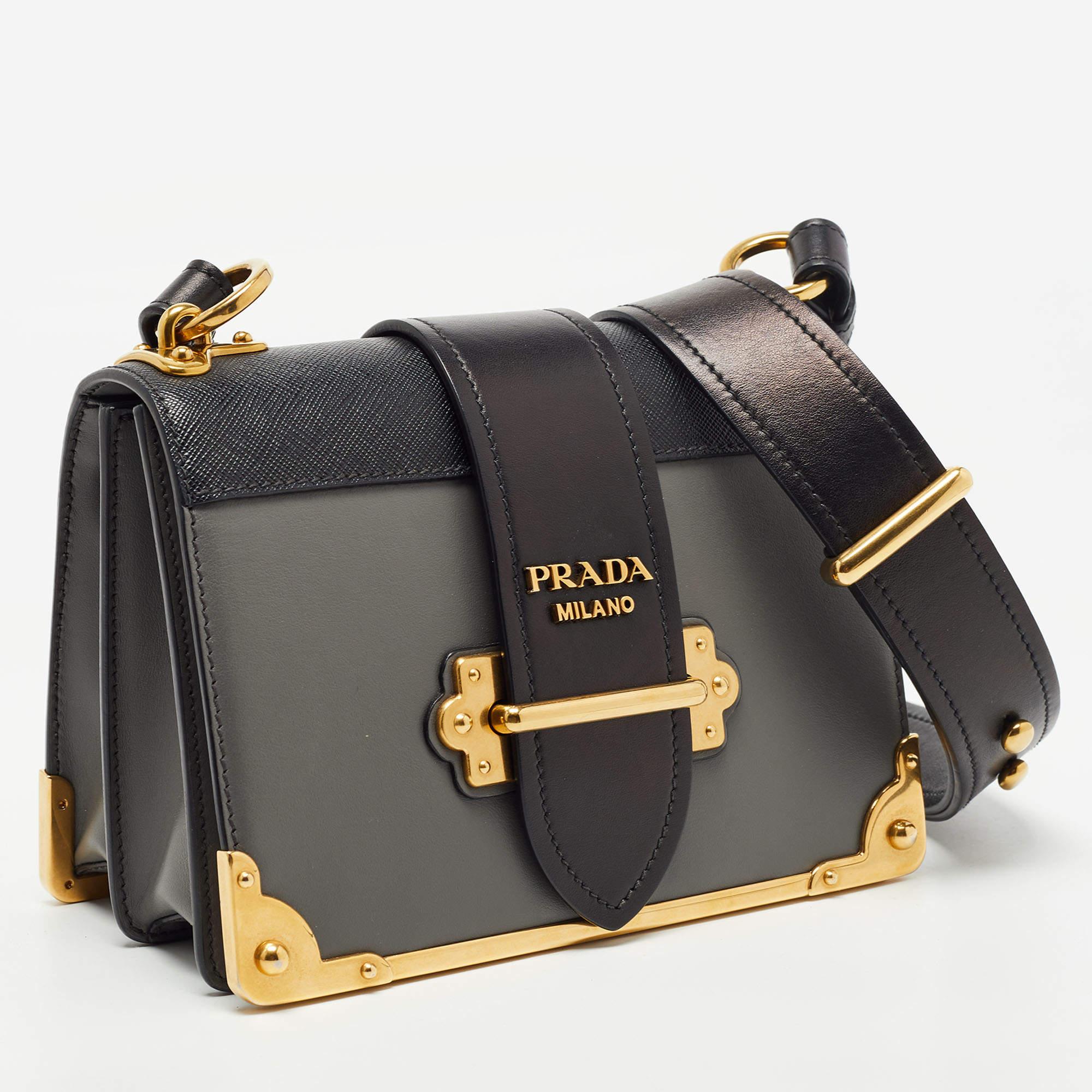 Women's Prada Black/Grey Saffiano Leather Cahier Flap Shoulder Bag