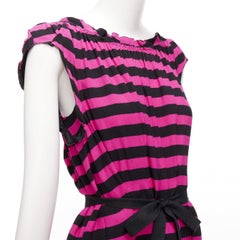 PRADA black hot pink striped pleated drop neck ribbon belt mini dress IT38 XS