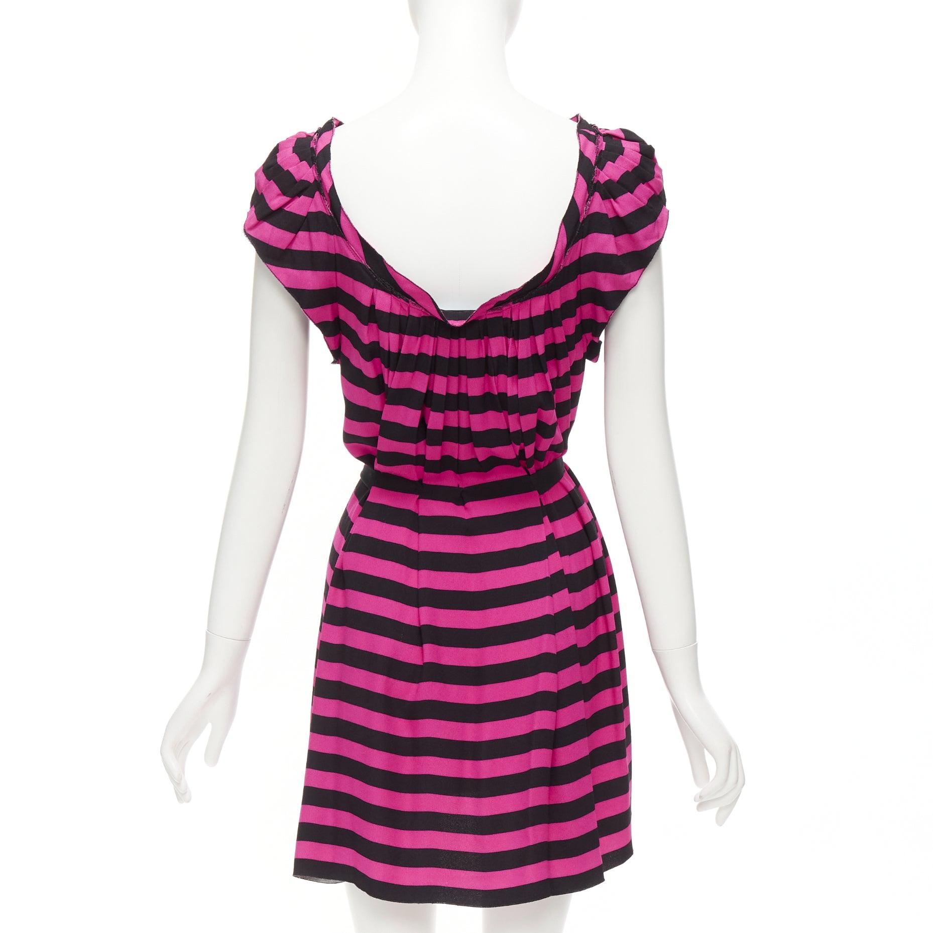 Women's PRADA black hot pink striped pleated drop neck ribbon belt mini dress IT38 XS For Sale
