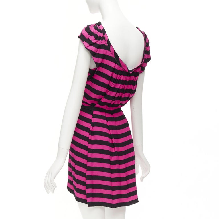 PRADA black hot pink striped pleated drop neck ribbon belt mini dress IT38 XS For Sale at 1stDibs PRADA black hot pink striped pleated drop neck ribbon belt mini dress IT38 XS For Sale at 1stDibs