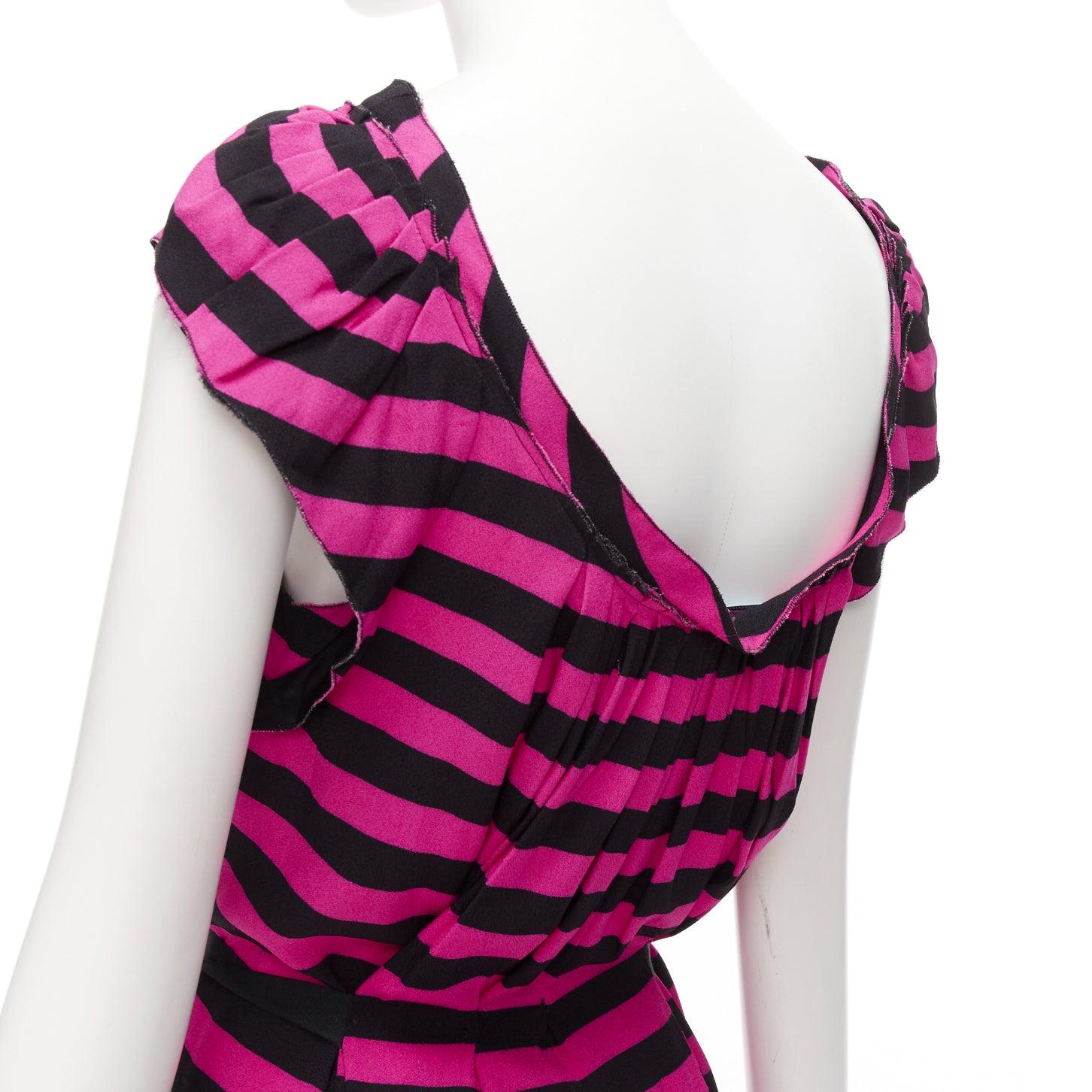 PRADA black hot pink striped pleated drop neck ribbon belt mini dress IT38 XS For Sale 3