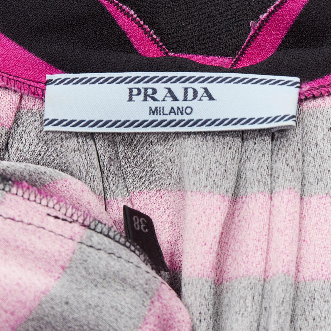 PRADA black hot pink striped pleated drop neck ribbon belt mini dress IT38 XS For Sale 4