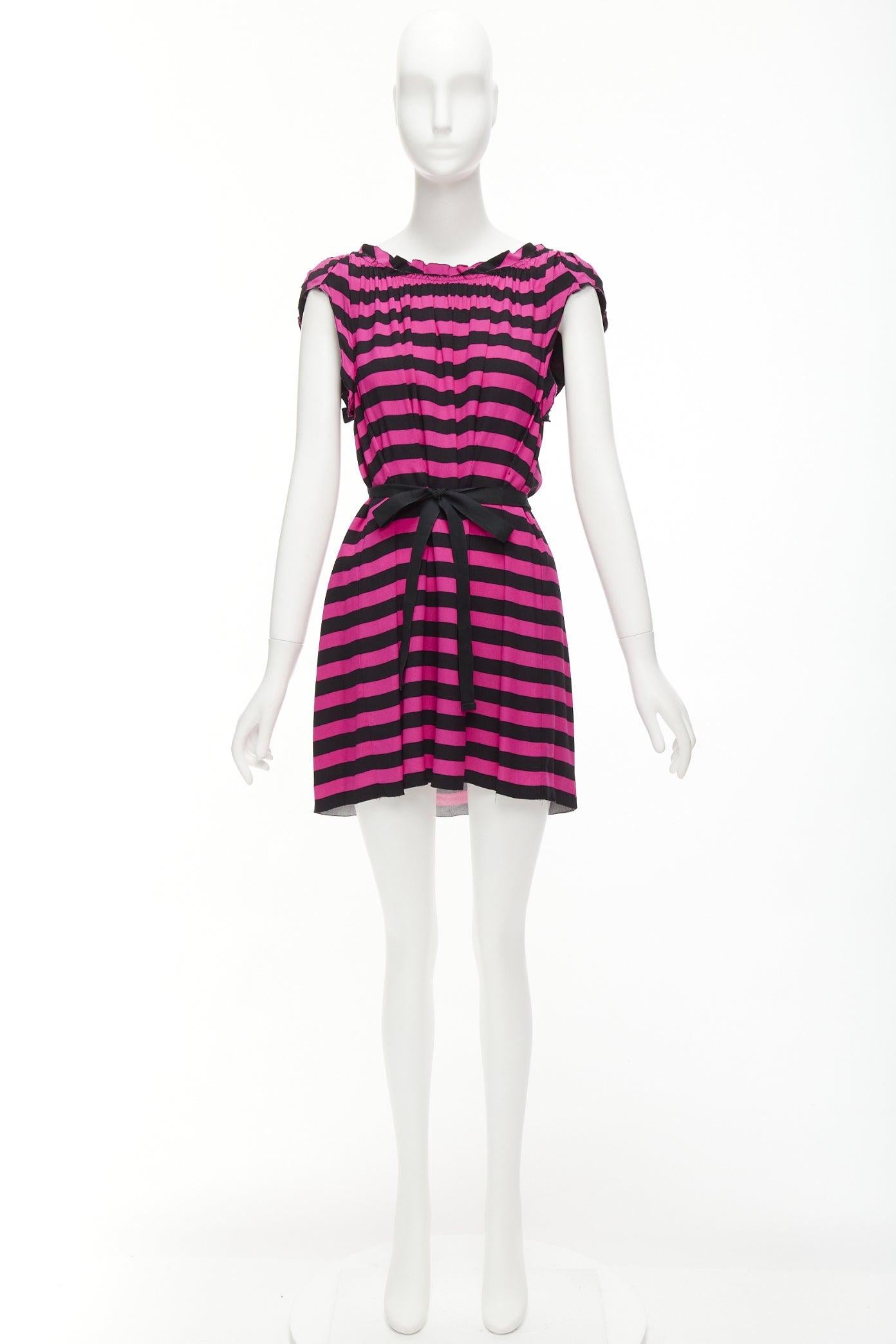 PRADA black hot pink striped pleated drop neck ribbon belt mini dress IT38 XS For Sale 4