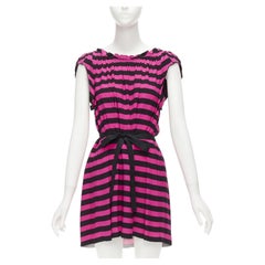 PRADA black hot pink striped pleated drop neck ribbon belt mini dress IT38 XS
