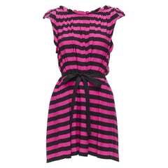 PRADA black hot pink striped pleated drop neck ribbon belt mini dress IT38 XS