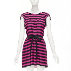 PRADA black hot pink striped pleated drop neck ribbon belt mini dress IT38 XS
