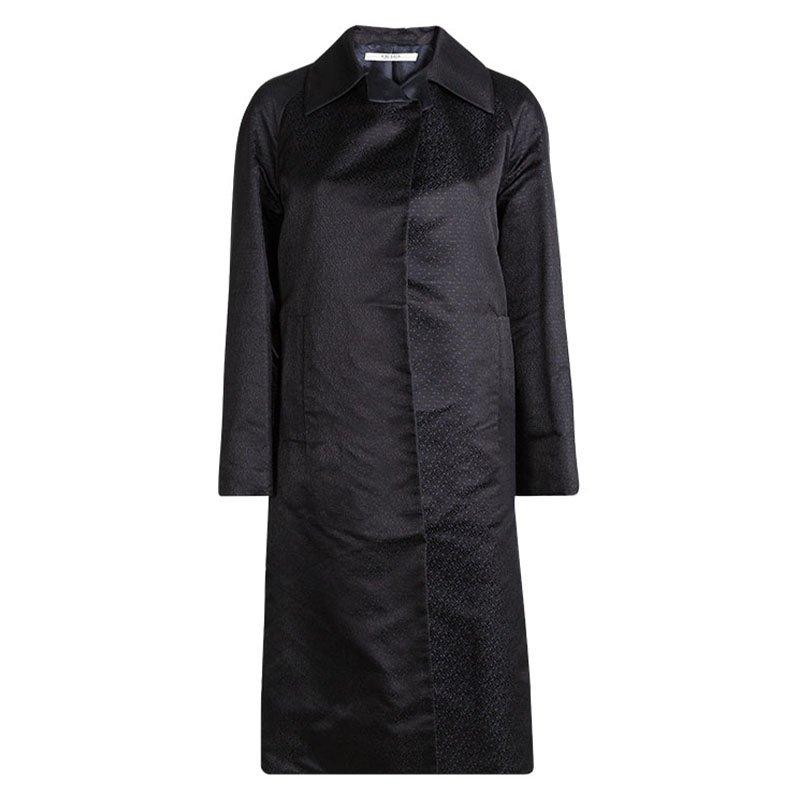 Prada Black Jacquard Silk Mini Leaf Pattern Overcoat S