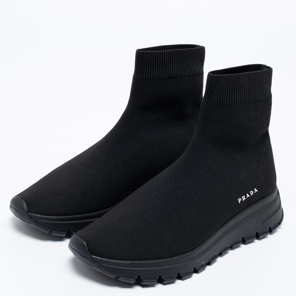 Prada Black Knit Fabric Logo Sock Runner High Top Sneakers Size 38 1