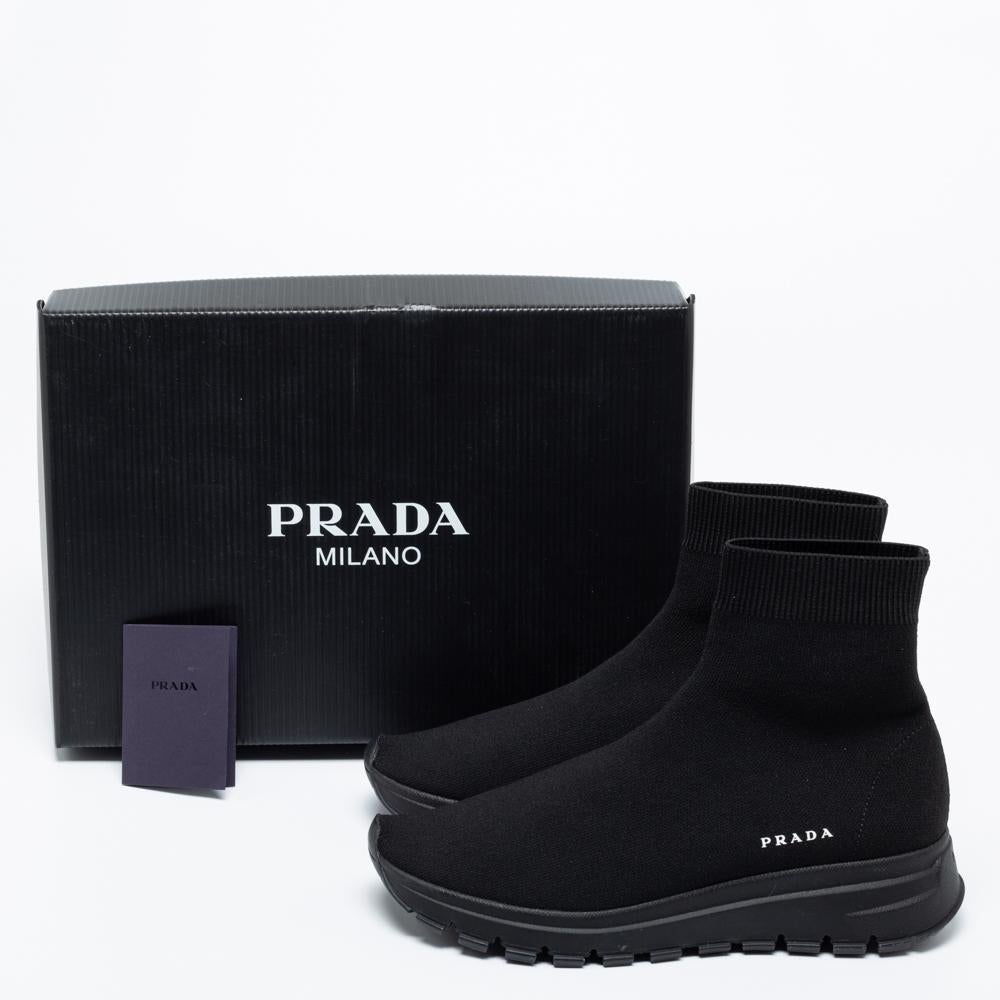 Prada Black Knit Fabric Logo Sock Runner High Top Sneakers Size 38 2
