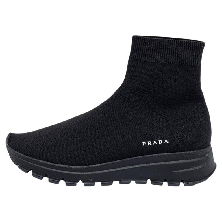 Prada Black Knit Fabric Logo Sock Runner High Top Sneakers Size 38 at  1stDibs