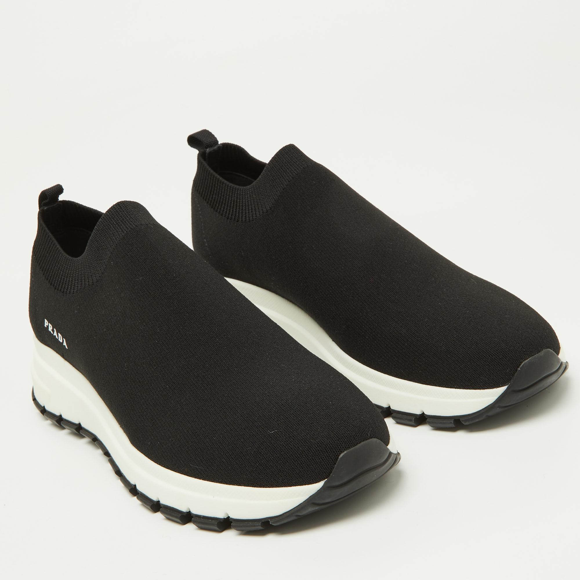 Prada Black Knit Fabric Slip On Sneakers Size 37.5 In New Condition In Dubai, Al Qouz 2